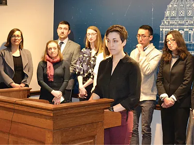 An agricultural science researcher describes a cross-sector collaboration (the Forever Green project) at a press conference in 2019. Photo courtesy of the Land Stewardship Project.