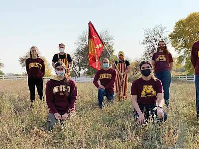 The winning team from the University of Minnesota; l to r: Hannah Anderson, Willa Nagel, Christina Berg (kneeling in front), Zack Pederson, Nic Jelinski (coach), Abbie Clapp, Geneva Nunes, Anjel Chavez, and Chris Macke. Not pictured: Aaron Hyams (could not participate due to COVID contact).