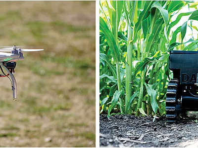 Sensors can be used alone or mounted on unmanned aerial vehicles (left), robot-assisted imaging platforms (right), or cable-suspended camera systems to take real-time images and measurements throughout the selected time duration. Photos courtesy of Flickr/Wil C. Fry (left) and Flickr/PETROSS, TERRA-MEPP & WEST (right).