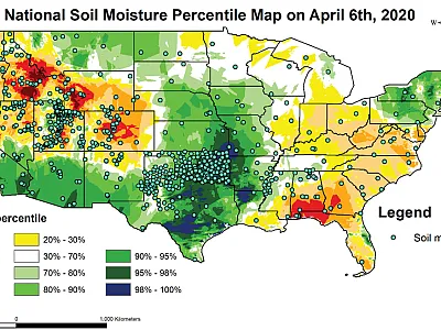 Example of a national soil moisture percentage map at 5 cm on 6 Apr. 2020. Image courtesy of Chen Zhao.