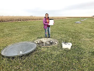 Emily Waring collecting water samples at the field site near Gilmore City, IA. Photo courtesy of Emily Rose Waring.