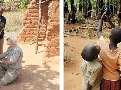 Left: Ray Weil teaching village farmers and extension agents how to use a pocket pH meter with bottled drinking water to mix with soil. Right: Village kids getting GPS readings for soil fertility study in Rwanda. Photos by Ray R. Weil.