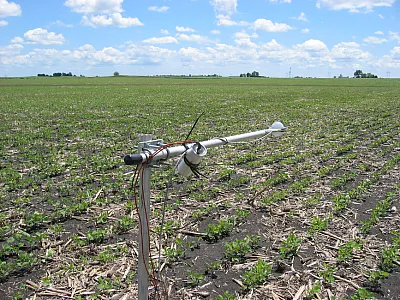 Infrared radiometer monitoring surface temperatures in an Iowa soybean field in mid-June. Photo courtesy of Forrest Goodman.