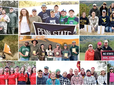 Members of soils judging teams from the following schools: (top row) University of Wisconsin-Stevens Point, Penn State, West Virginia University, Delaware Valley University, (middle row) University of Tennessee-Knoxville, Cal Poly, North Carolina State University, University of Maryland, (bottom row) University of Nebraska-Lincoln, University of Minnesota, and Texas Tech University.