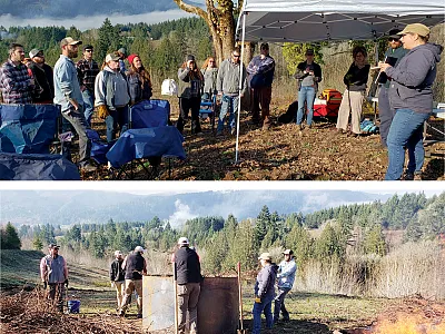 Engineers and U.S. Biochar Initiative board member Kelpie Wilson (Wilson Biochar Associates) conducting a workshop with vineyard managers on making biochar from prunings.