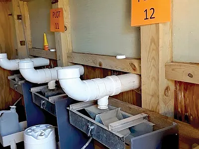 Tipping buckets used to measure runoff from lysimeter plots. Photo by Sarah Frame.