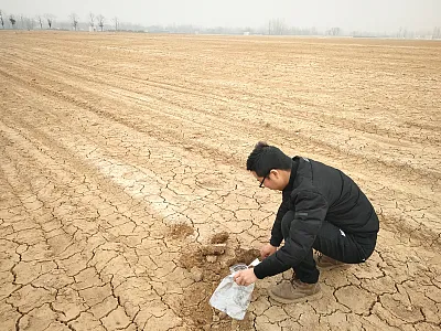 Co-author Kuo Huang collecting basic soil samples after overwintering and before ridging in a tobacco field. Photo courtesy of Yongqiang Zhang.