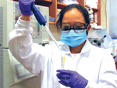 Lead author of the study, Dr. Sarah Doydora, in the process of measuring complexation of dissolved metals by AVAIL using sequential filtration. Photo by Aakriti Sharma.