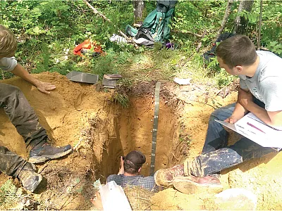 Researchers collecting soil pedons with USDA-NRCS soil scientists to increase the available information for sandy outwash soils, which are abundant as public forest land due to the low fertility of the soils. Photo by Robert Richard.