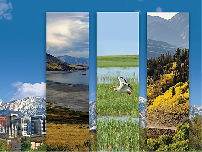 Backdrop image courtesy of Visit Salt Lake. Insets courtesy of (l to r): pixabay, Flickr/USFWS, and Visit Salt Lake.