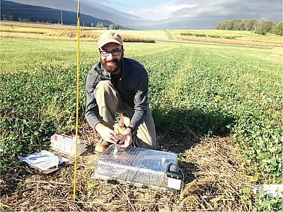 Lead author Andrew Morris measuring nitrous oxide emissions. Photo by Brosi Bradley.