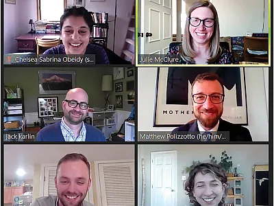 Chelsea Obeidy, Julie McClure, Matthew Polizzotto, and Jack Karlin meet with Richard Parker and Katie Lample from the office of Sen. Jeff Merkley (OR).