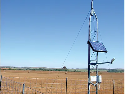 A typical soil moisture station in the Fort Cobb region of Oklahoma, operated by the USDA. Photo by Michael Cosh.
