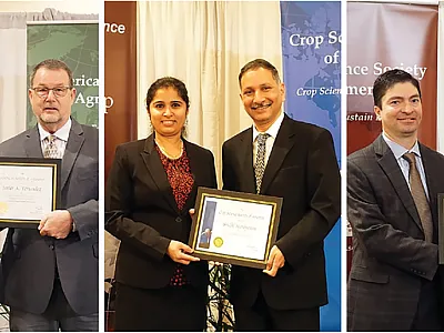 2021 Society presidents (from l to r, Jeff Volenec, Vara Prasad, and April Ulery) recognize 2021 award winners (l to r) Javier Fernandez, Sruthi Narayanan, and Dorivar Ruiz Diaz.