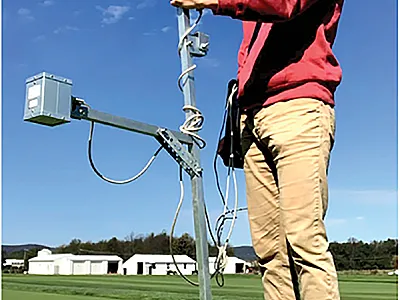 Graduate student Nate Leiby employing a multispectral radiometer to measure canopy reflectance.