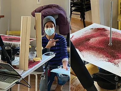 (Figure 1) Left: Candy Schibli at the cymatic rig. Right: Close-up of the vibrating metal plate with the ground coffee–sand mixture. The results of this work were presented at a Coffee Science Foundation poster session in Boston at the Specialty Coffee Expo in April 2022. For more information, see www.southeasternroastery.com/research.