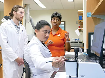 Clemson University Professor Dil Thavarajah (right) at the university’s Pulse Quality and Nutrition Phenotyping Lab, with project manager Tristan Lawrence (left) and doctoral student Sonia Salaria (center). Salaria is measuring dry pea seeds for protein quality using Fourier-transform infrared spectroscopy. Photo by Elizabeth Beane, Clemson University.