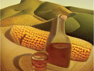 One of nine images made from a prompt of “A painting of corn and whiskey in Texas by Grant Wood” to DALL-E mini AI image-generating software. This image that is part of a conceptual art piece by S.C. Murray on Agriculture Artistically Interpreted by Artificial Intelligences (2022), which questions the role and attribution of AI programmers, the artists whose work trained the AI, and the user whose prompt generated the image.