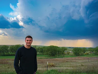Lead author Logan Bundy has been fascinated by weather since a tornado struck near his Illinois hometown as a boy. Here, Bundy is out chasing storms in Nebraska. Photo courtesy of Logan Bundy.