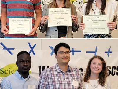 Student award winners 2022 Western Society of Crop Science Meeting. Top: poster winners, l to r– Carl VanGessel (third), Kristen Johnson (first), and Gina Cerimele (second). Bottom: oral winners, l to r– Michael Baidoo (second), Pramod Acharya (first), and Mik Hammers (third).