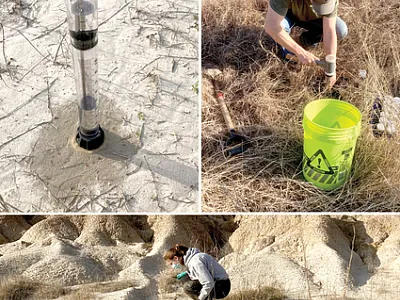 Clockwise from top: A mini disk infiltrometer measures infiltration  of water into soil in the disturbed area, Texas A&M University grad- uate student Parker Murphree collects soil samples to determine  soil texture, and Texas A&M University graduate student Steph- anie DeVillenueve measures soil erosion in an area where a large  amount of soil was previously removed. Photos by Briana Wyatt.