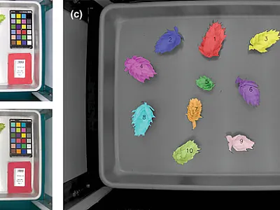 The HopBox image-processing pipeline. (A) is the original image, (B) is the color-corrected image, and (C) features the identification and labeling of each individual cone within the image.
