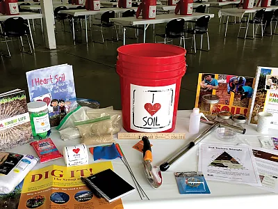 The SSSA K-12 Committee put together educator trainings where teachers were provided “soil buckets” containing more than $200 of materials and supplies along with copies of many SSSA educational resources, including the Know Soil Know Life textbook, Soil! Get the Inside Scoop book, posters, and coloring books.
