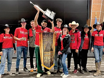 The University of Maryland Team (first-place school overall). L to r: Nicko Kioutas, Nikki Zimmerman, Alex Quigley, Patrick Burke, Gabriel Acevedo, David Hutch, Madelyn Haines, Joshua Eledlin, Gina Jacob, Jocelyn Wardrup (coach), and Dr. Brian Needelman (coach). Photo by Joe Manetta, University of Rhode Island.