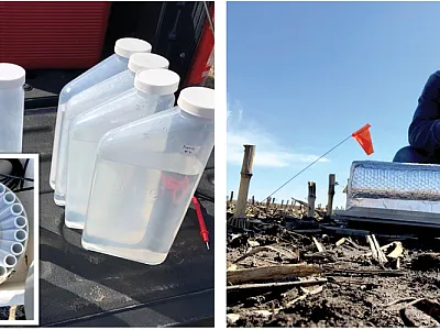 Left: Bottles containing subsurface drainage water samples. Inset shows a top-down view of the inside of the auto-sampler used to collect water samples. Right: Giovani Preza-Fontes, who worked on the study as a doctoral student at the University of Illinois Urbana-Champaign, takes greenhouse gas samples from the field. Photos by Giovani Preza-Fontes.