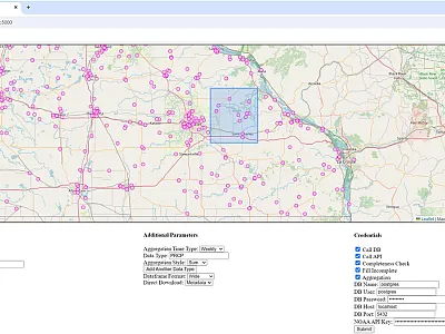 Image of web interface looking at Global Historical Climatology Network daily (GHCNd) data with example downloading a small region of data in southeast Minnesota. In the map, a user can define a bounding box (blue-square). Then in the application programming interface (API) call, the user can define the climate variable, the dates for which the data should be gathered and the type of aggregation that is requested. Image from Gall et al. (2024).