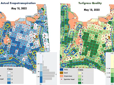  Site-specific management zones of actual evapotranspiration and turfgrass quality at Eagle Lake Golf Course in Roy, UT and histograms of the four natural break classes (1-4) of estimated TQ.  Blue lines identify the fairway, greens, and tee boundaries and red dots identify sprinkler heads. Image by Karem Meza.