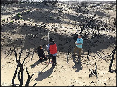 Undergraduates require access to authentic field environments to learn effectively. An undergraduate student (left) assists a Ph.D. candidate (center) deploying targets prior to a UAV (drone) aerial imagery survey, under the guidance of an expert geospatial scientist (right), in coastal dunes on Kangaroo Island after a significant bushfire. Photograph by A. Turner.