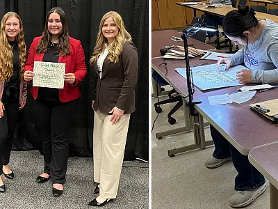 The Collegiate Crops Team from the University of Wisconsin–Platteville secured first place overall at the Regional Collegiate Crops Judging Contest held on the UW-Platteville campus on October 18. Left panel, l to r: Marissa Folkers, Sydney Rider, and Delaney Salm. Right panel: Sydney Rider. 