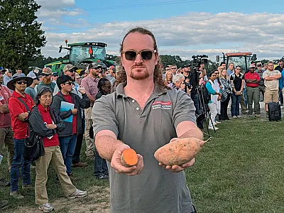 Dr. Simon Fraher holding a 'Covington' sweetpotato, the major U.S. sweetpotato cultivar. 'Covington' is resistant to Fusarium wilt disease and is widely known for its resistance to other pests and diseases, agronomic performance, and culinary quality. Photo courtesy of D'Lyn Ford, North Carolina State University.