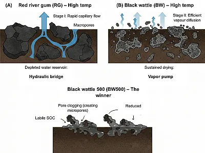 Conceptual model showing how different biochars affect water loss. High-temperature red river gum particles create fast water flow paths that increase early evaporation. High-temperature black wattle particles pull out more water vapor later. Low-temperature black wattle helps block water movement and conserves soil moisture. Image courtesy of Roeline van Schalkwyk and Ailsa G. Hardie, Stellenbosch University.