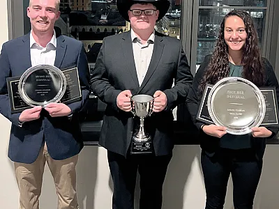 Iowa State University took first place in the 2022 Chicago Collegiate Crops Contest. From l to r: Alex Coughlin, Tom Thompson, and Megan Blauwet.