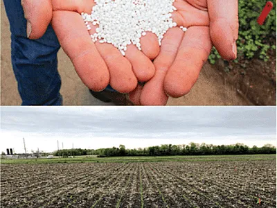 Top: Granules of struvite produced from wastewater streams in Chicago. Photo by Kay Shipman. Bottom: Soybeans emerging at a central Illinois field site under struvite versus MAP fall-applied treatments. Photo by Patricia Leon.