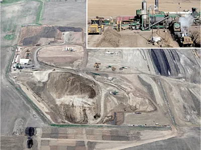 Aerial view of the oil spill remediation site and research plots with inset showing the thermal desorption unit used to treat soils during this project. Photos by Vern Whitten and Peter O’Brien.