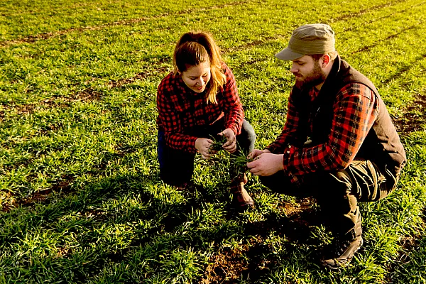 two people kneel in a farm field