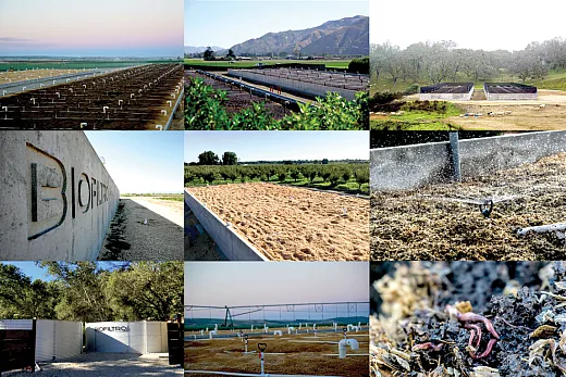 Top row: Vermifilter systems in several different locations. Middle row: Biofiltro logo, a vermifilter bed with organic material covering the worm layer, and sprinklers distributing effluent on the vermifilter surface. Bottom row: Biofiltro vermifilter system, a vermifilter bed with sprinklers, and worms in the system. Photos courtesy of Gilbert Miito.