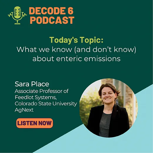 The Societiesâ Decode 6 (www.decode6.org) project is one embodiment of addressing climate issues. This is a promotional graphic of a recent Decode 6 podcast on enteric methane emissions.