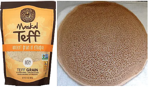 Left: Maskal teff grain flour by the Teff Company, Idaho. Right: Ethiopian flatbread injera.