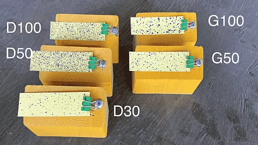 Test of groundâ versus droneâsprayed colored water on waterâsensitive paper. Application rates of 30, 50, and 100 L/ha. D = droneâapplied (Agras T20), G = groundâapplied. Spray coverage for D30 is approximately equal to G50, showing that you may be able to get by with less water for drone application. Photo courtesy of Markus Weber, LandView Drones.
