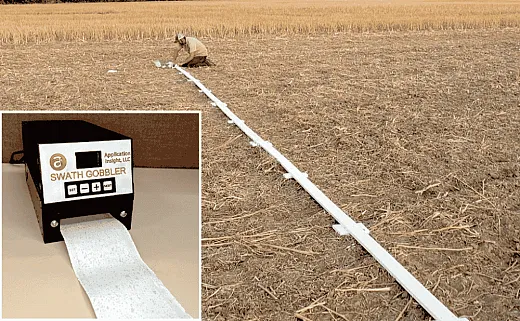 Setting up the equipment for Mark Ledebuhrâs fast and inexpensive swath uniformity and coverage evaluation method. Inset: The Swath Gobbler analyzes continuous rolls of paper from the swath evaluation method and calculates percent coverage and hits per area. The blue dots on the paper show a typical drone spray pattern. Photos courtesy of Mark Ledebuhr, Application Insight, LLC.
