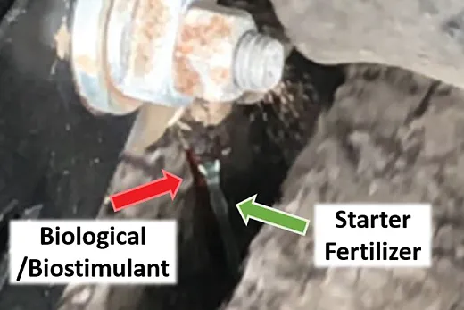 Example of an inâfurrow application of a liquid starter fertilizer (10â34â0) being applied with a biological/biostimulant product (phosphorusâsolubilizing microbe). This application method pairs the microbial product directly with the fertilizer to increase NUE. 
