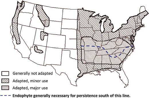 Figure 2. Major and minor areas of tall fescue use in the United States (West, 1998).