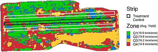 Figure 3. The singleâstrip (treatment) and the surrounding control strips in a field covering a specific set of zone(s), mostly Q1 (green) in this example.