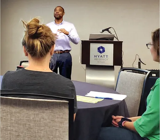 Christopher âCJâ Gross from Ascension Worldwide presenting on âUnderstanding and Man- aging Differencesâ to the Graduate Student Leadership Conference cohort.