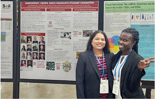 Mala Ganiger (left) and Emmanuella Owusu Ansah, members of the Graduate Student Committee, next to the committeeâs poster at the ASA, CSSA, and SSSA Diversity, Equity, and Inclusion Committee Showcase at the 2022 Annual Meeting in Baltimore.