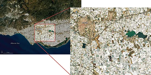 In May 2022, a satellite captured this image of a sea of plastic greenhouses around the Spanish town of El Ejido. The town sits in Campo de DalÃas, a small coastal plain with one of the highest concentrations of greenhouses in the world. Image courtesy of NASA.